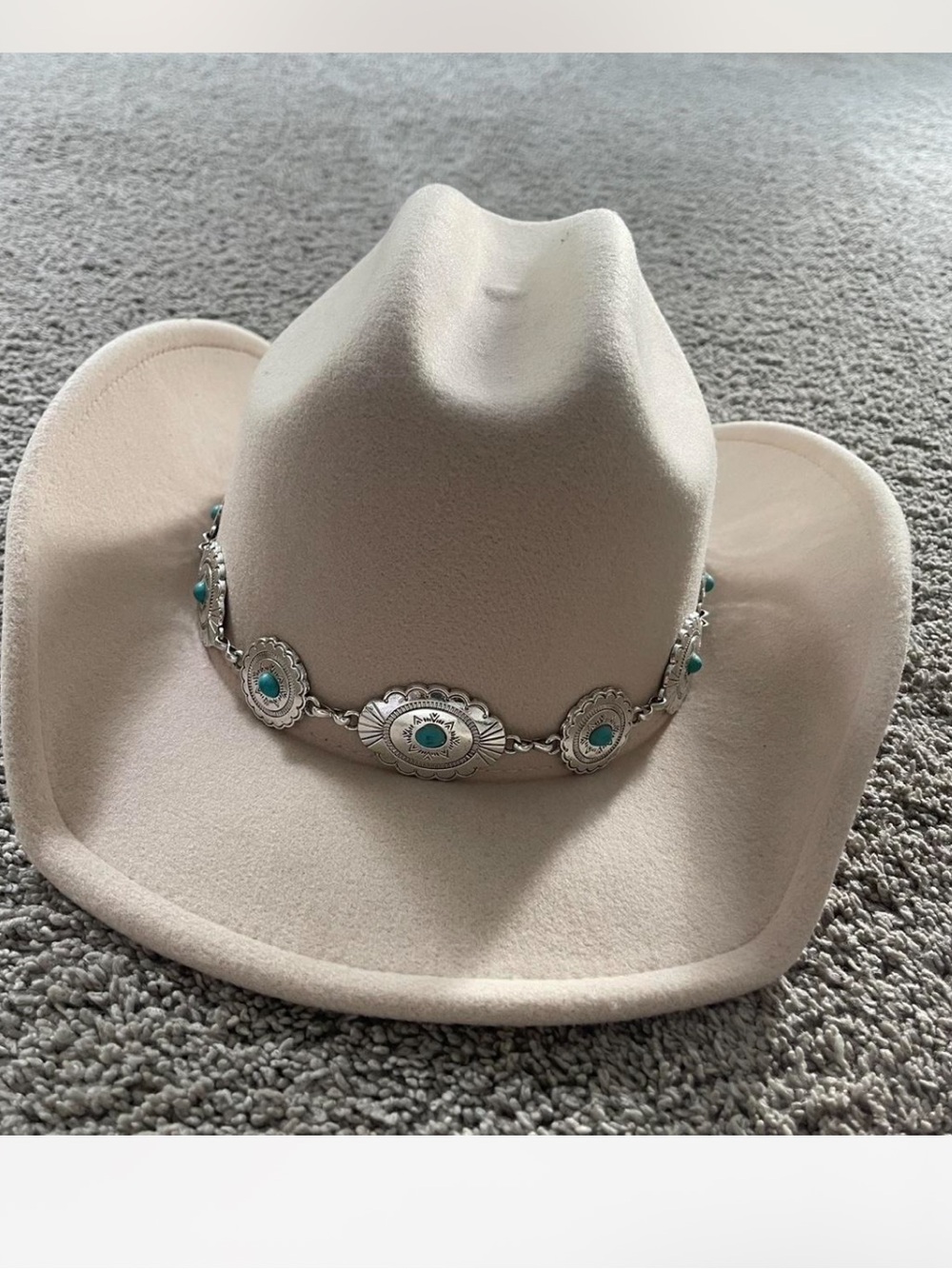 Tan western hat with turquoise chain